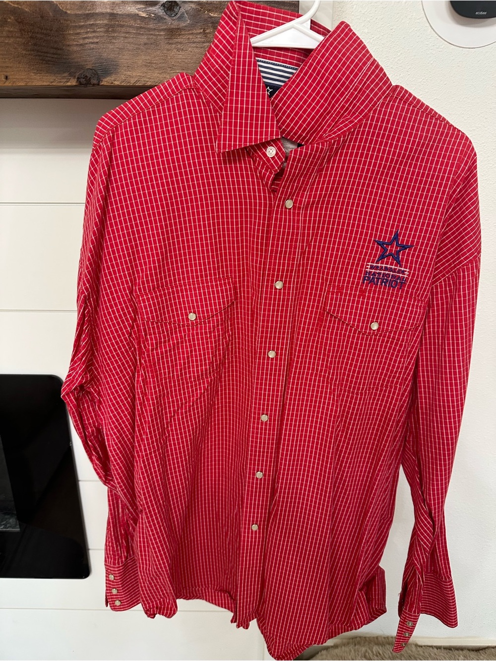 Men's Wrangler Red Checked Button-Up Shirt with Embroidered patriot Logo